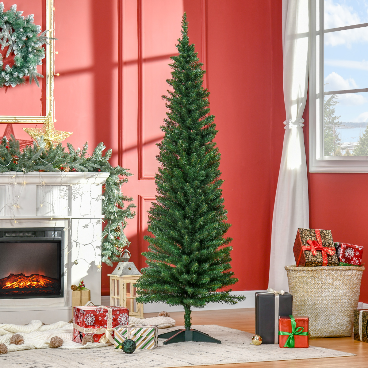 1.8m / 6ft Slim Pencil Christmas Tree, 390 Branch Tips, Flame-Retardant PVC