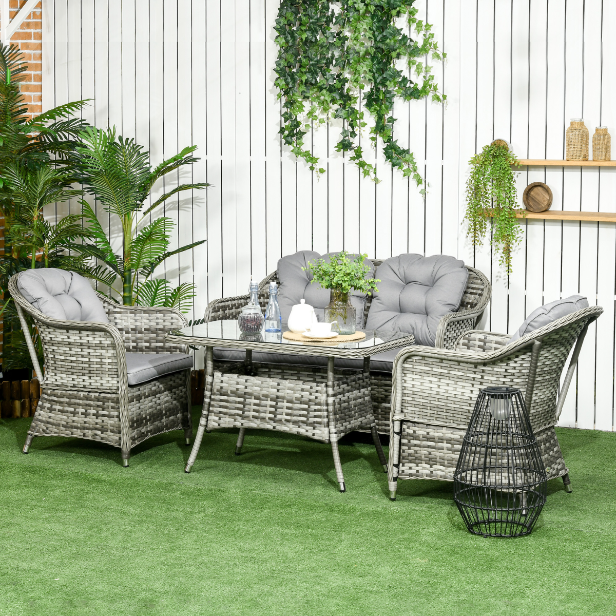 4-Piece Rattan Garden Sofa Set with Cushioned Seats & Glass Table