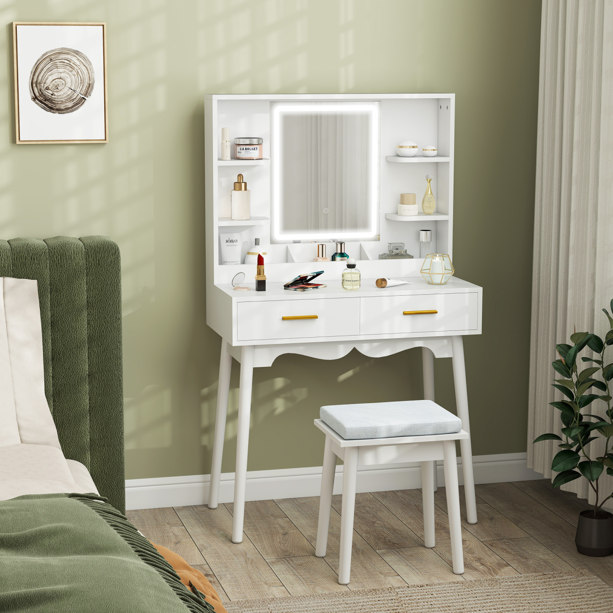Elegant LED Lighted Dressing Table & Plush Stool - Stylish Vanity Set