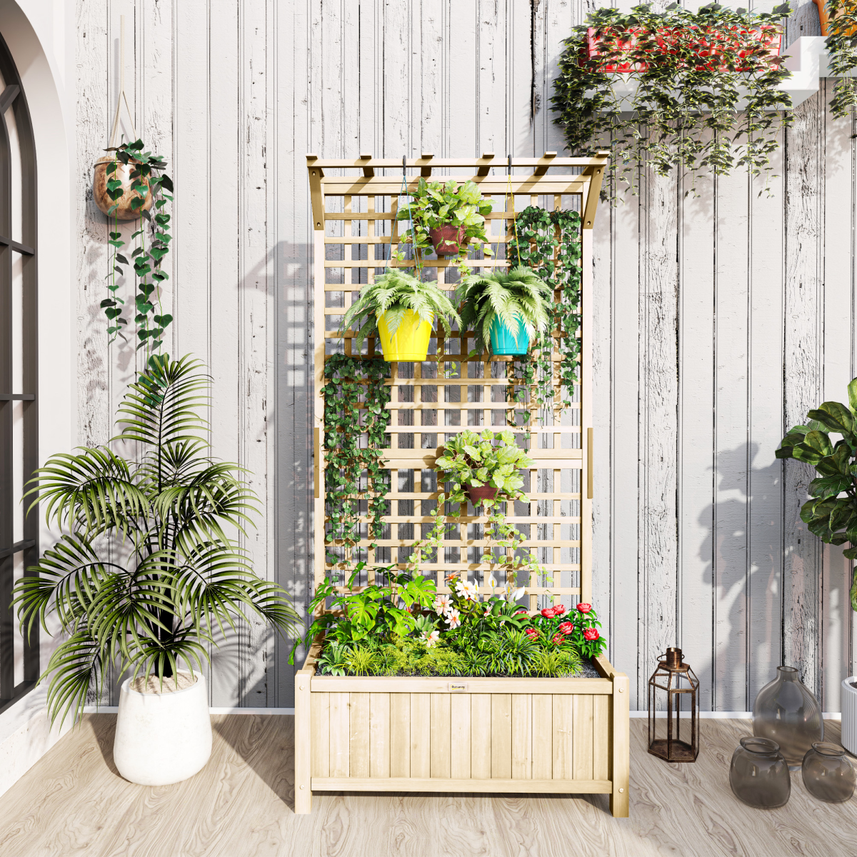 Wooden Planter with Trellis for Climbing Plants - Natural Finish
