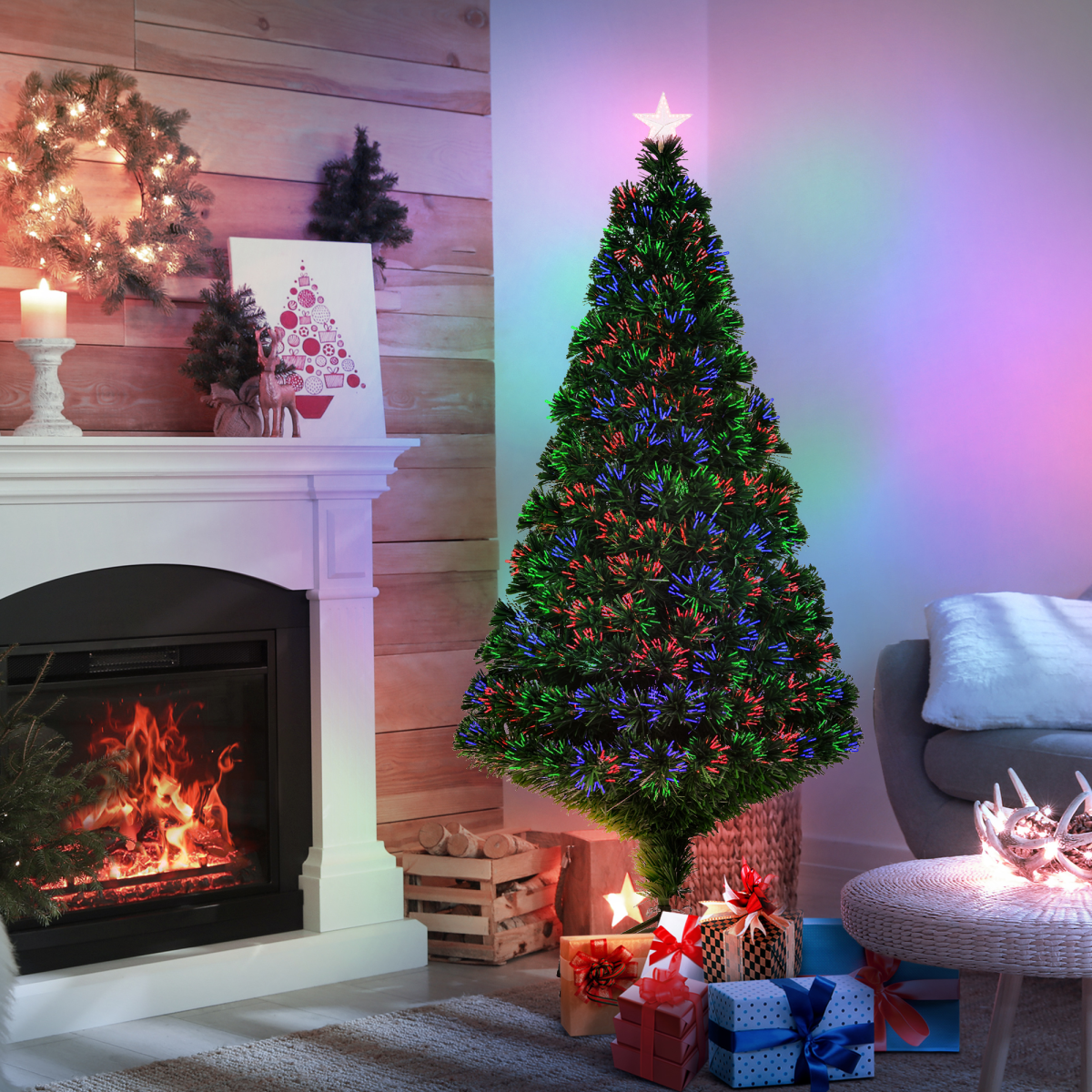 5ft Pre-Lit Fibre Optic Artificial Christmas Tree with Multi-Colour Star Topper
