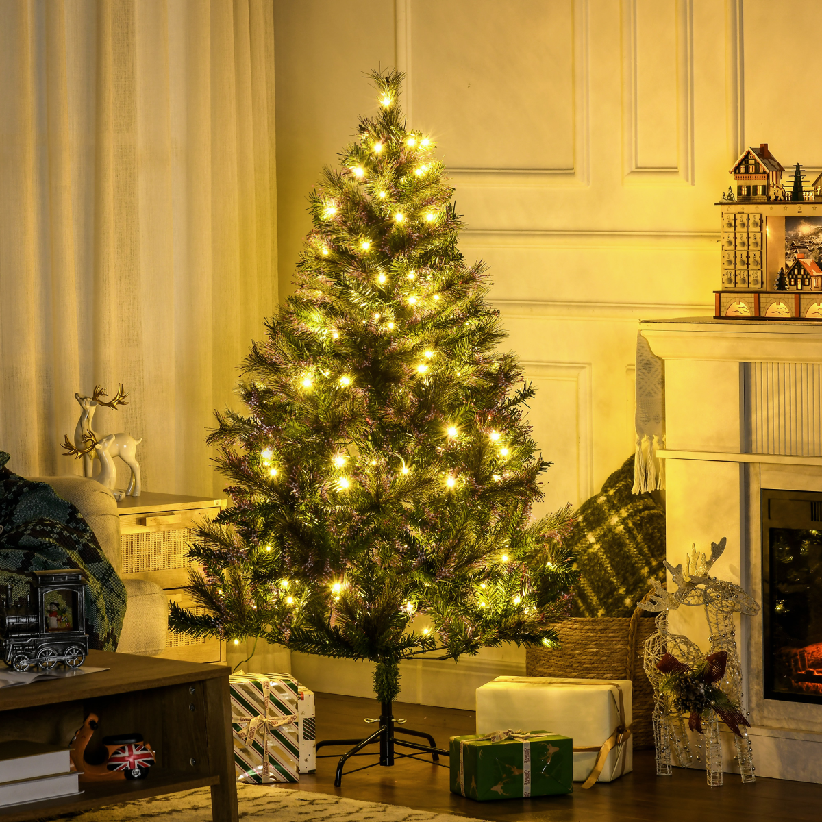 1.5m Pre-Lit Christmas Tree - Artificial Spruce, Warm White LED, Metal Stand