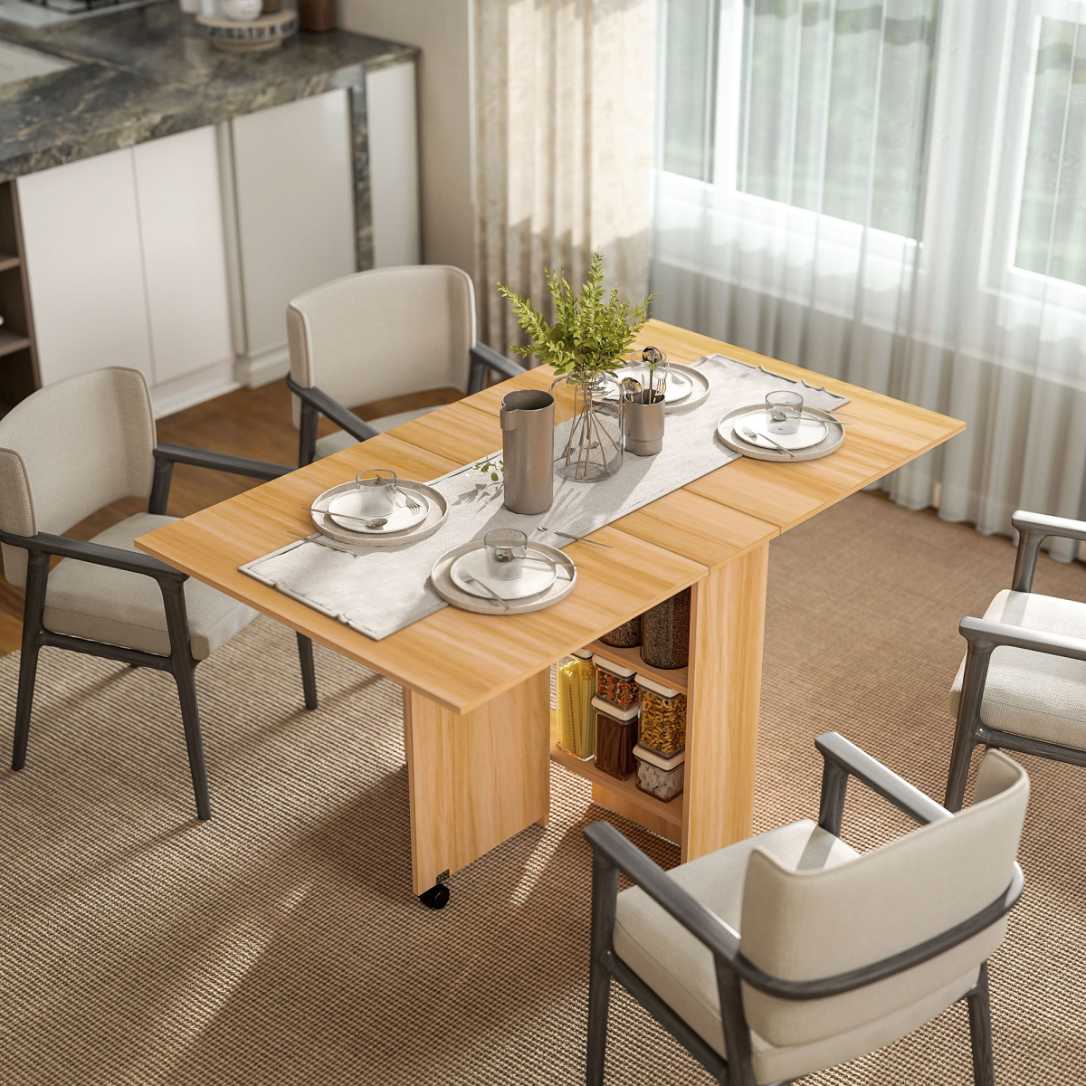 Space-Saving Foldable Dining Table with Convenient Storage Shelves