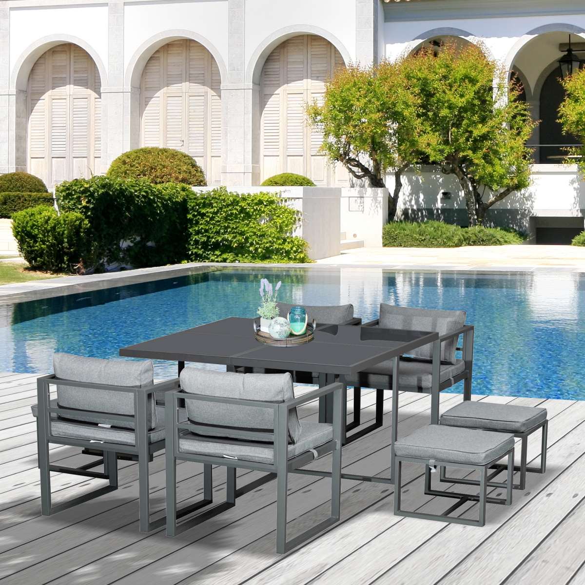 9-Piece Patio Dining Set with Cushioned Chairs, Ottomans & Table