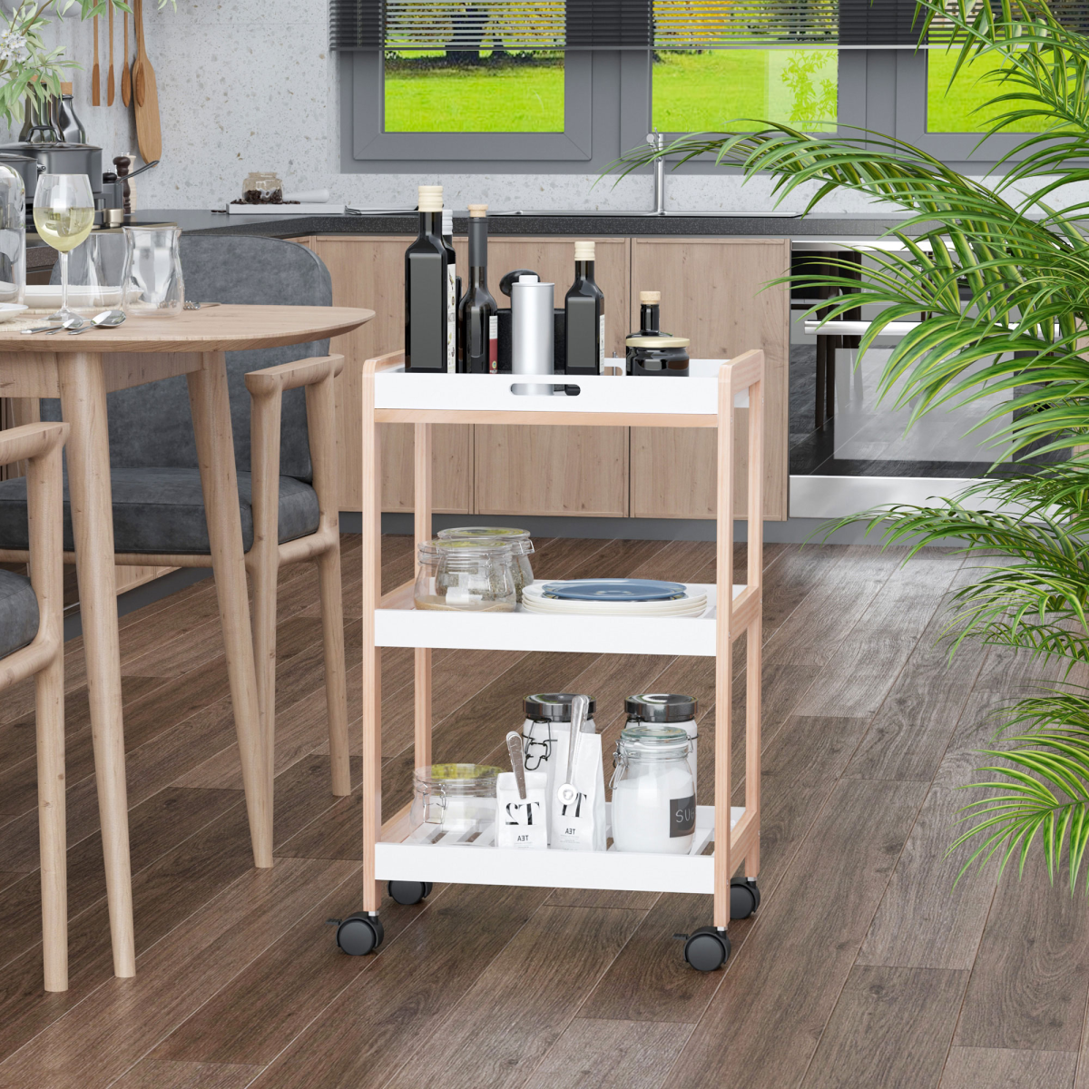Versatile Bamboo & MDF Kitchen Trolley - 3-Tier Mobile Serving Solution