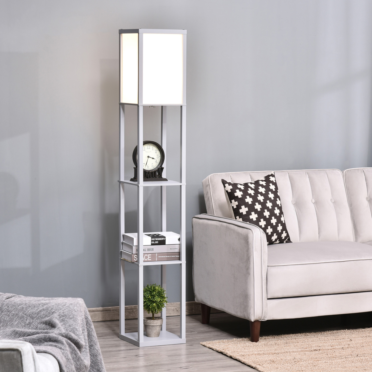 Grey 3-Tier Floor Lamp with Storage Shelves and Foot Switch