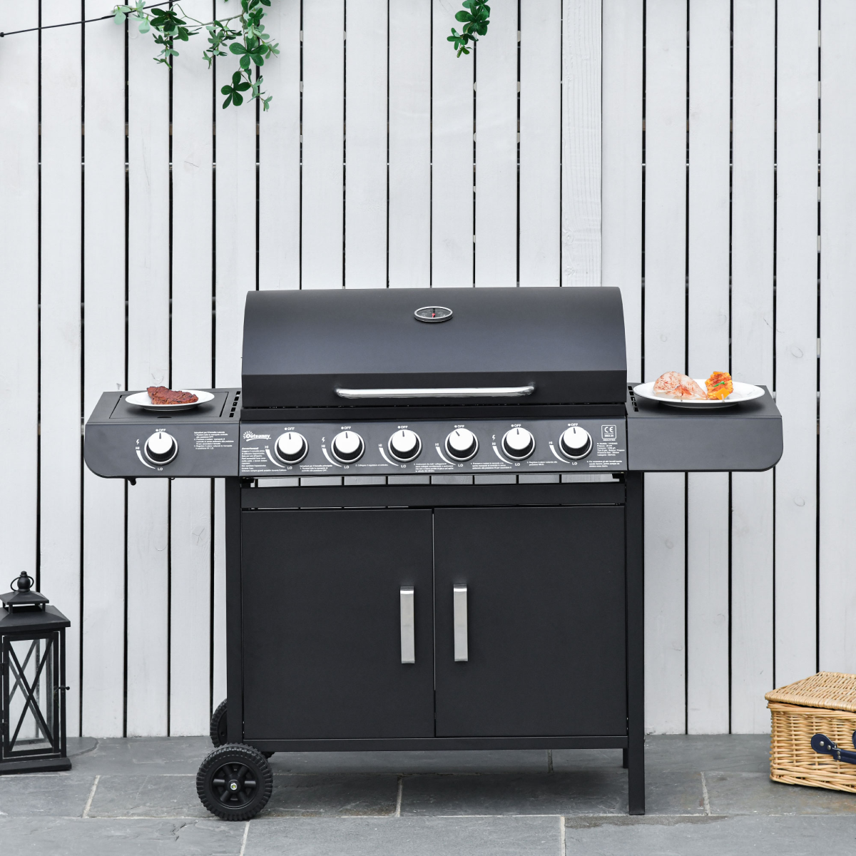 6+1 Burner Gas BBQ Grill with Wheels and Cabinet
