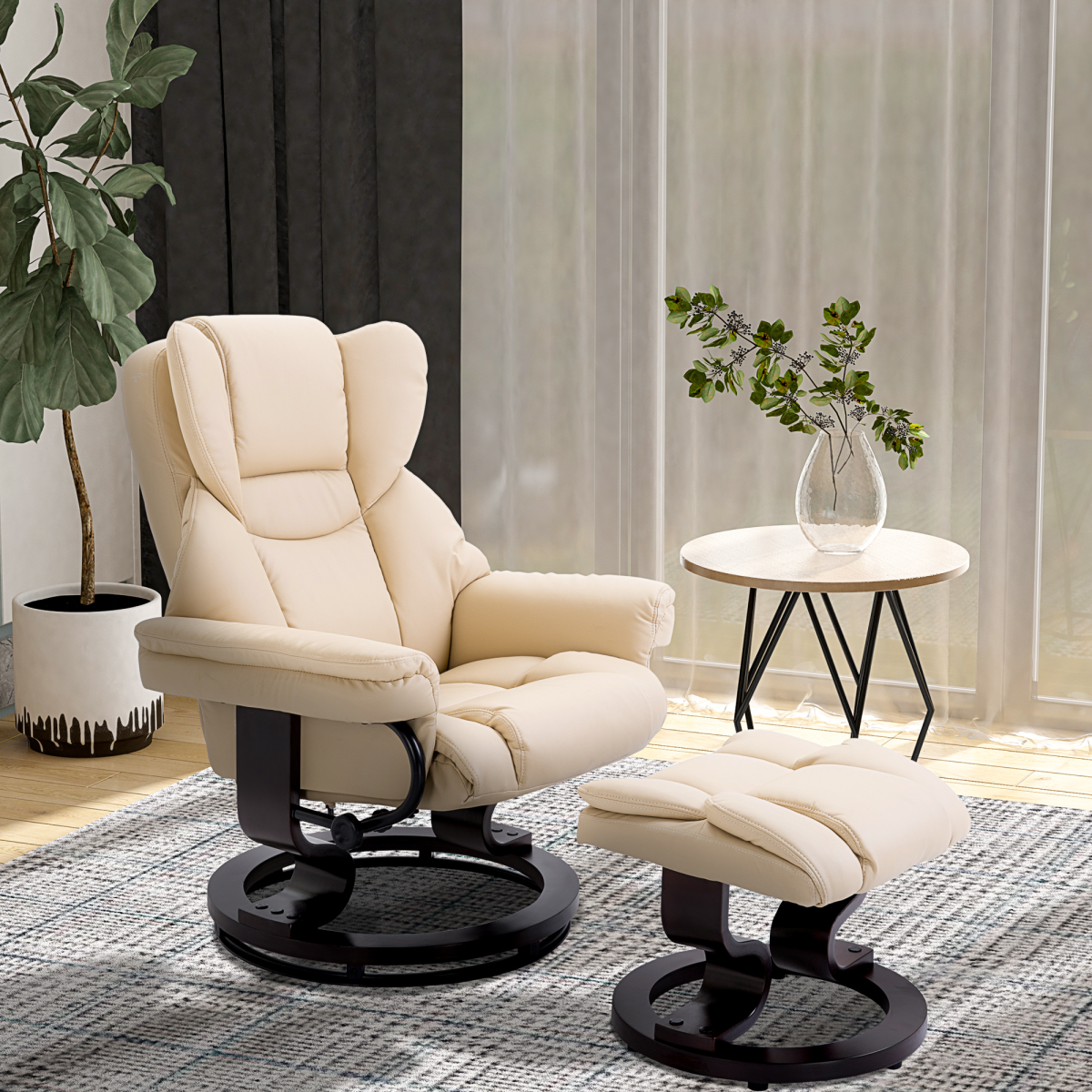 Lux Cream PU Leather Manual Recliner Armchair with Footstool