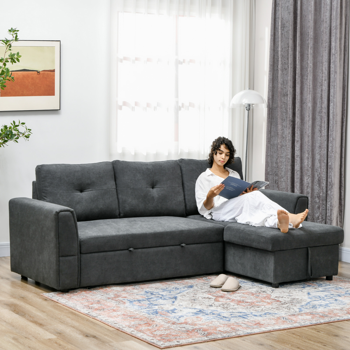 3-Seater Sofa Bed with Storage, Convertible Chaise - Dark Grey