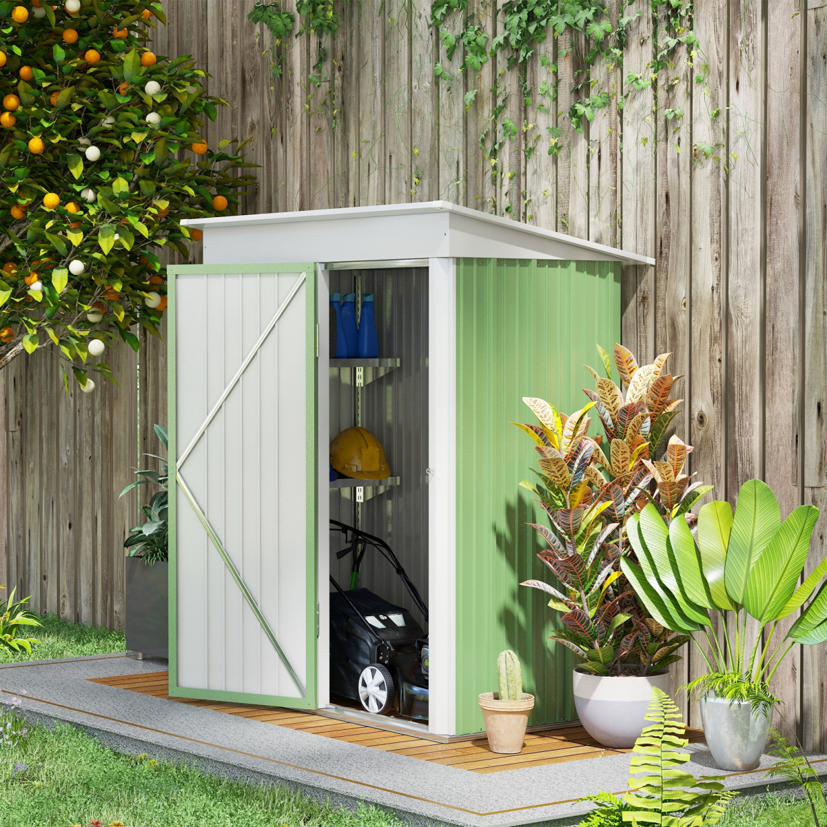 5x3 ft Steel Lean-To Garden Shed - Lockable, Bike-Tool Ready, Green