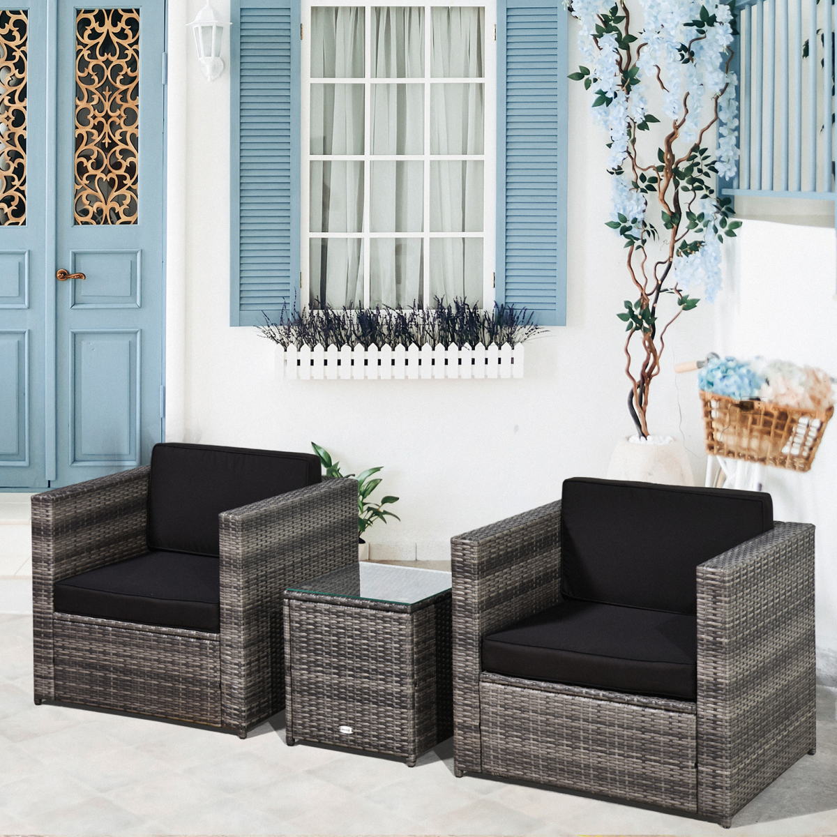 2-Person Rattan Sofa Set with Cushions & Table, Grey, Steel Frame