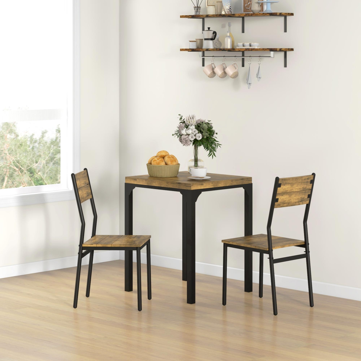 Rustic Brown 3-Piece Compact Dining Set with Metal Frame - Perfect for Small Spaces!