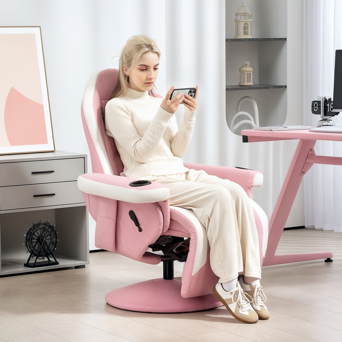 Pink PU Recliner Armchair with Footrest - 135° Recline, 360° Swivel