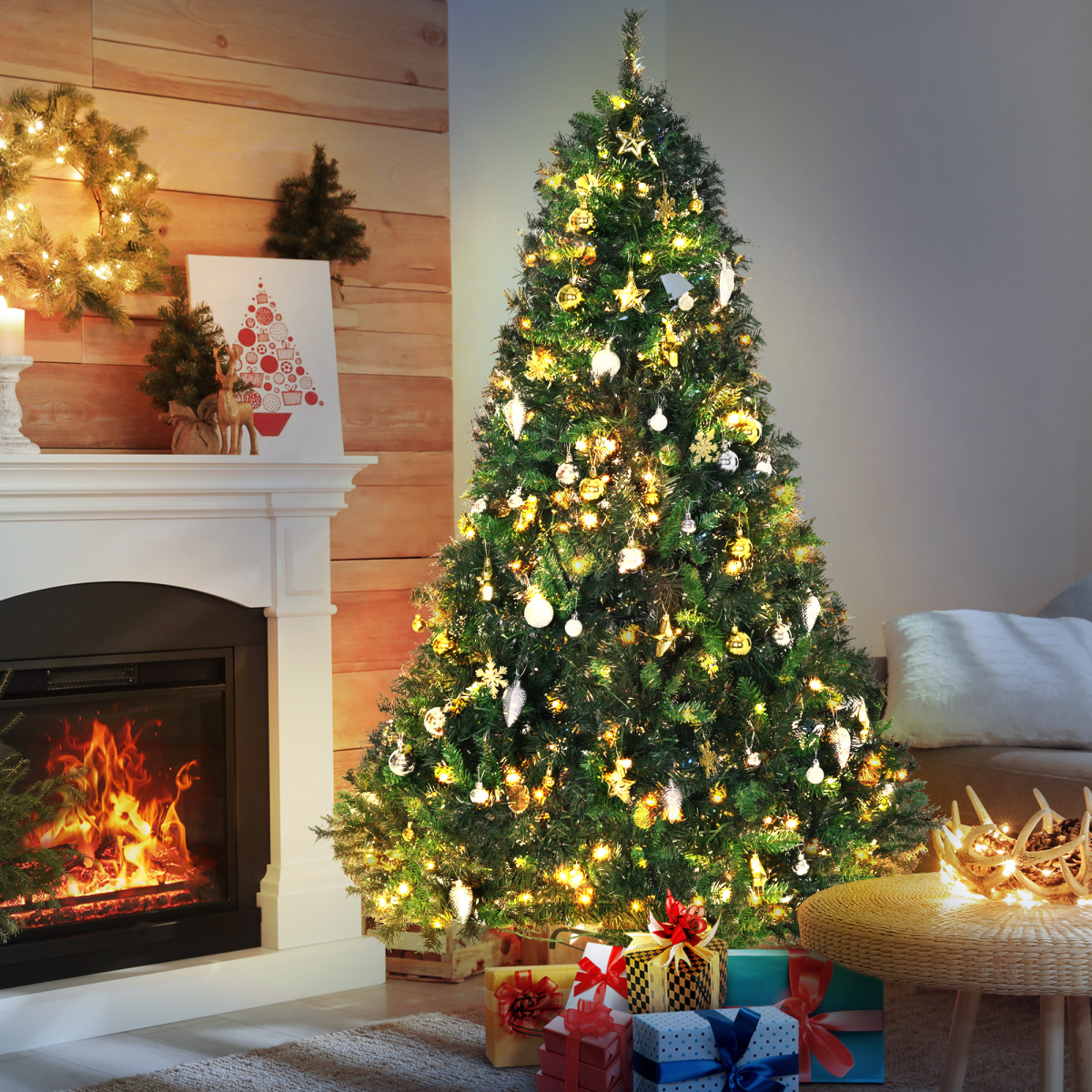 1.8m Pre-Lit Artificial Christmas Tree with 200 LEDs, Decorative Balls & Stand