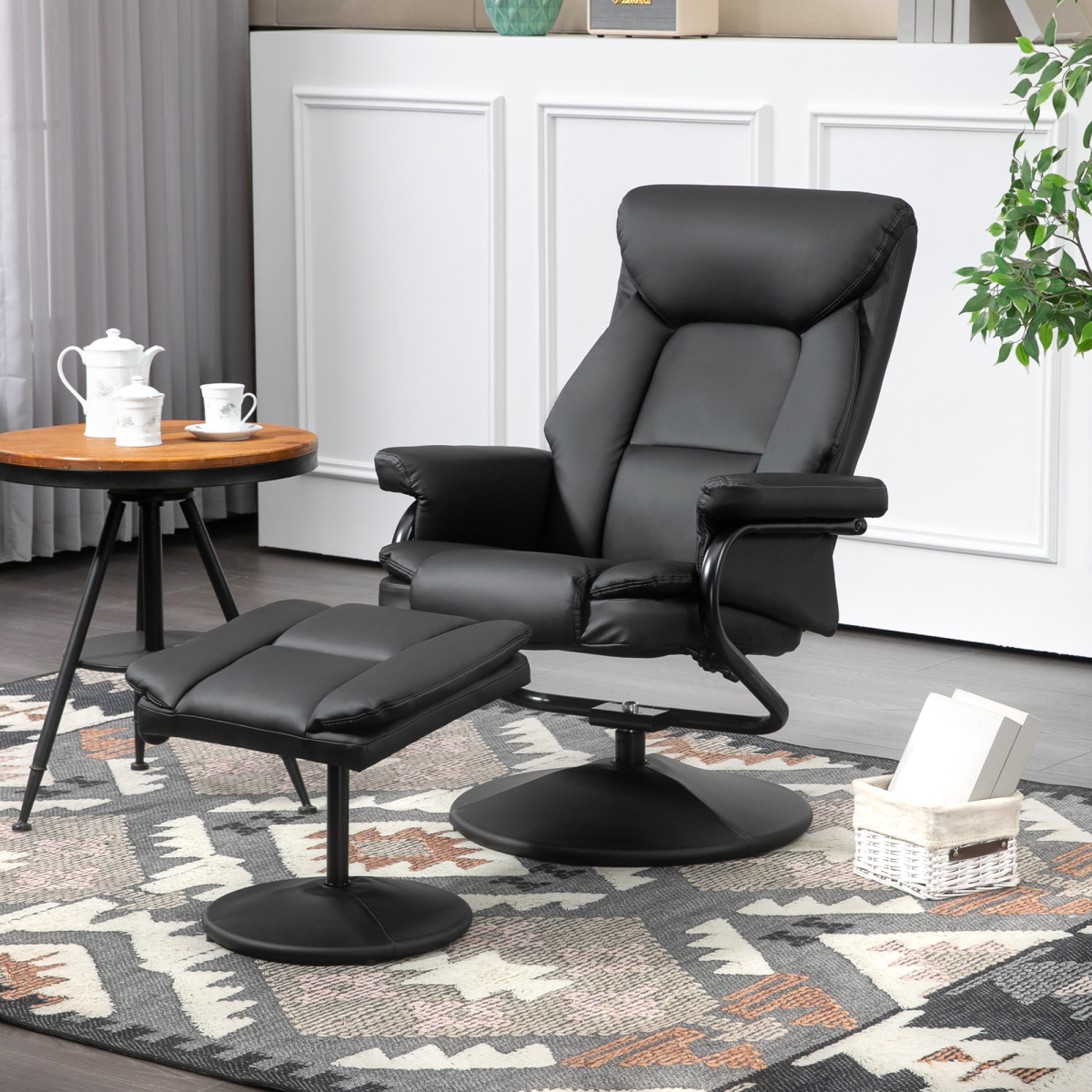 Luxurious Black PU Leather Swivel Recliner & Ottoman for Ultimate Relaxation