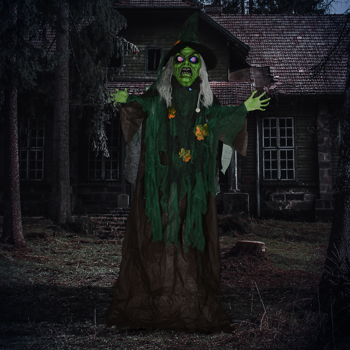 6ft Outdoor Witch Prop with Light-Up Eyes, Waving Arm & Sounds