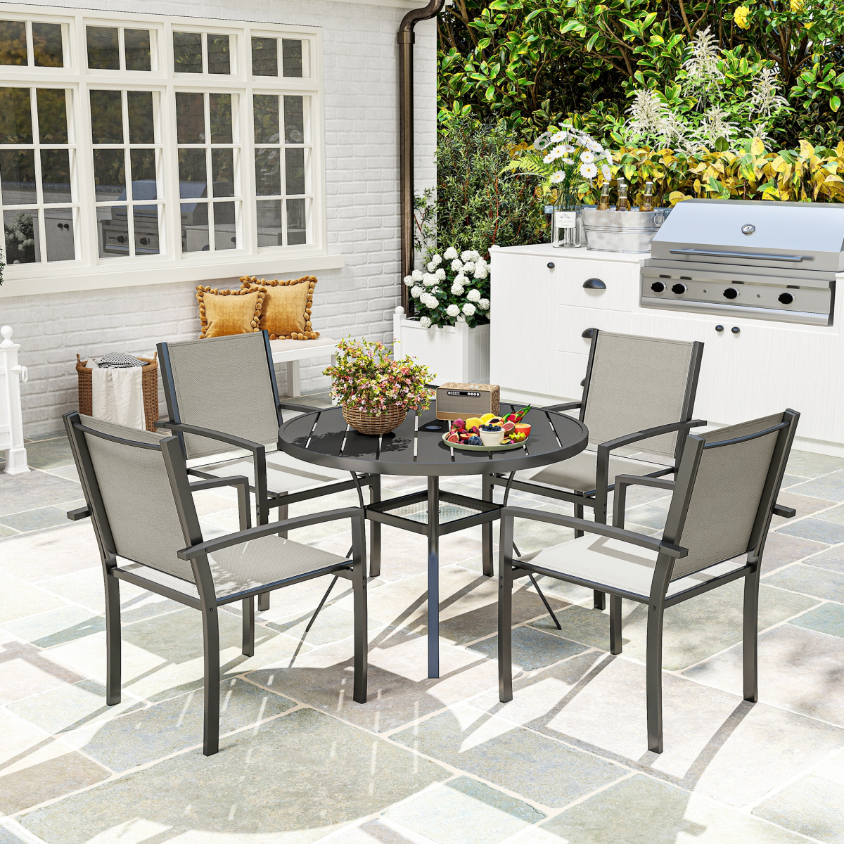 Elegant 5-Piece Patio Set: Round Table & 4 Stackable Texteline Chairs
