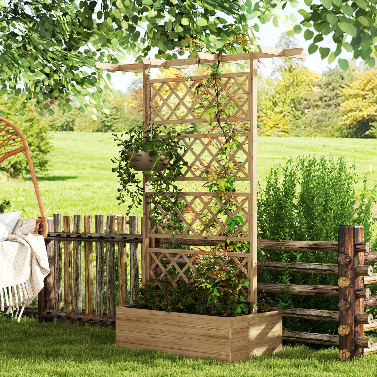 Wooden Trellis Planter - Raised Bed for Climbing Plants, Natural Finish