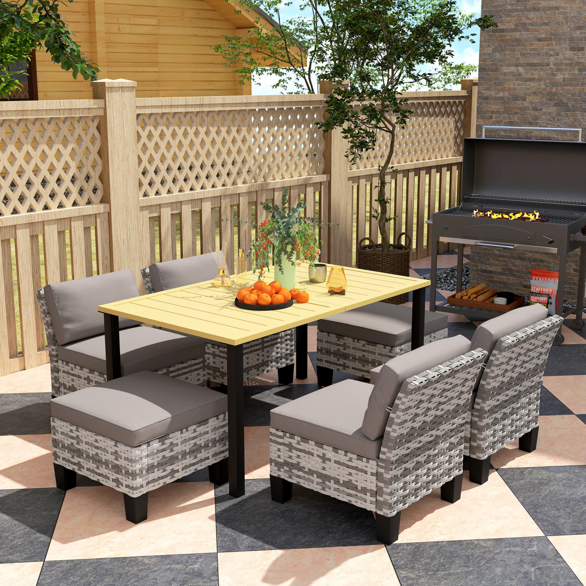 7-Piece Grey Rattan Garden Dining Set with Cushions & Umbrella Hole