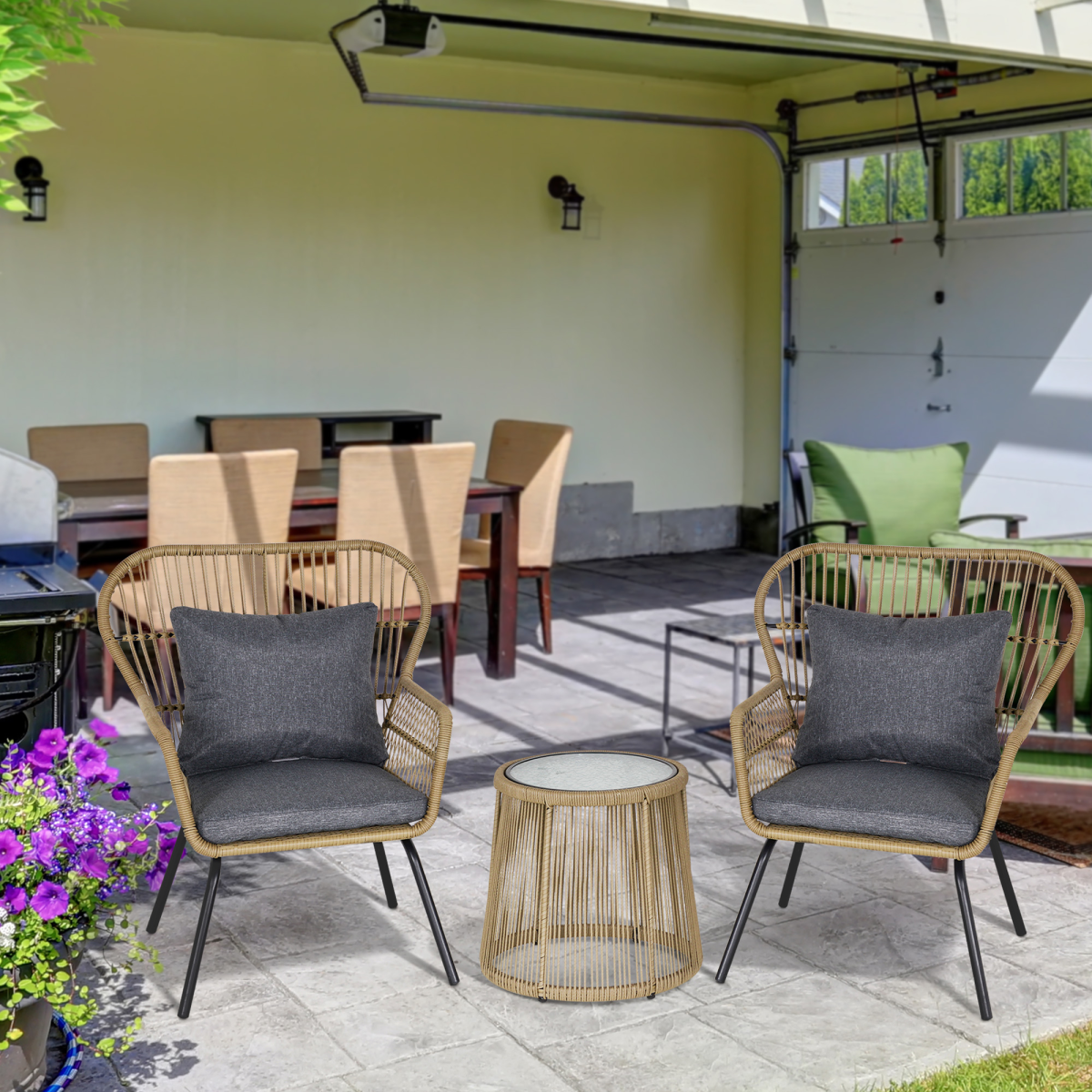 3-Piece Webbed PE Rattan Outdoor Patio Set with Cushions - Brown