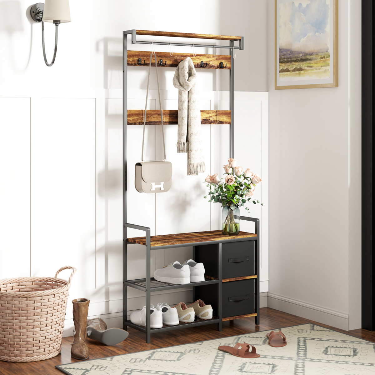 Stylish 4-in-1 Hall Tree: Coat Rack, Shoe Storage & Bench - Rustic Charm