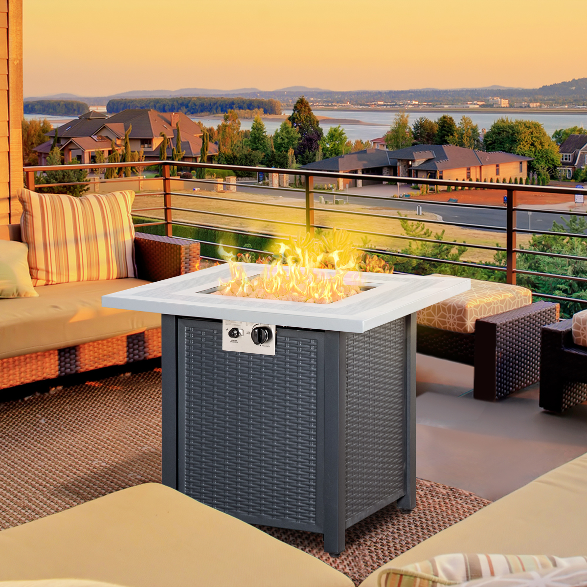 Stylish Square Propane Gas Fire Pit Table – Smokeless Rattan Heater & Lid