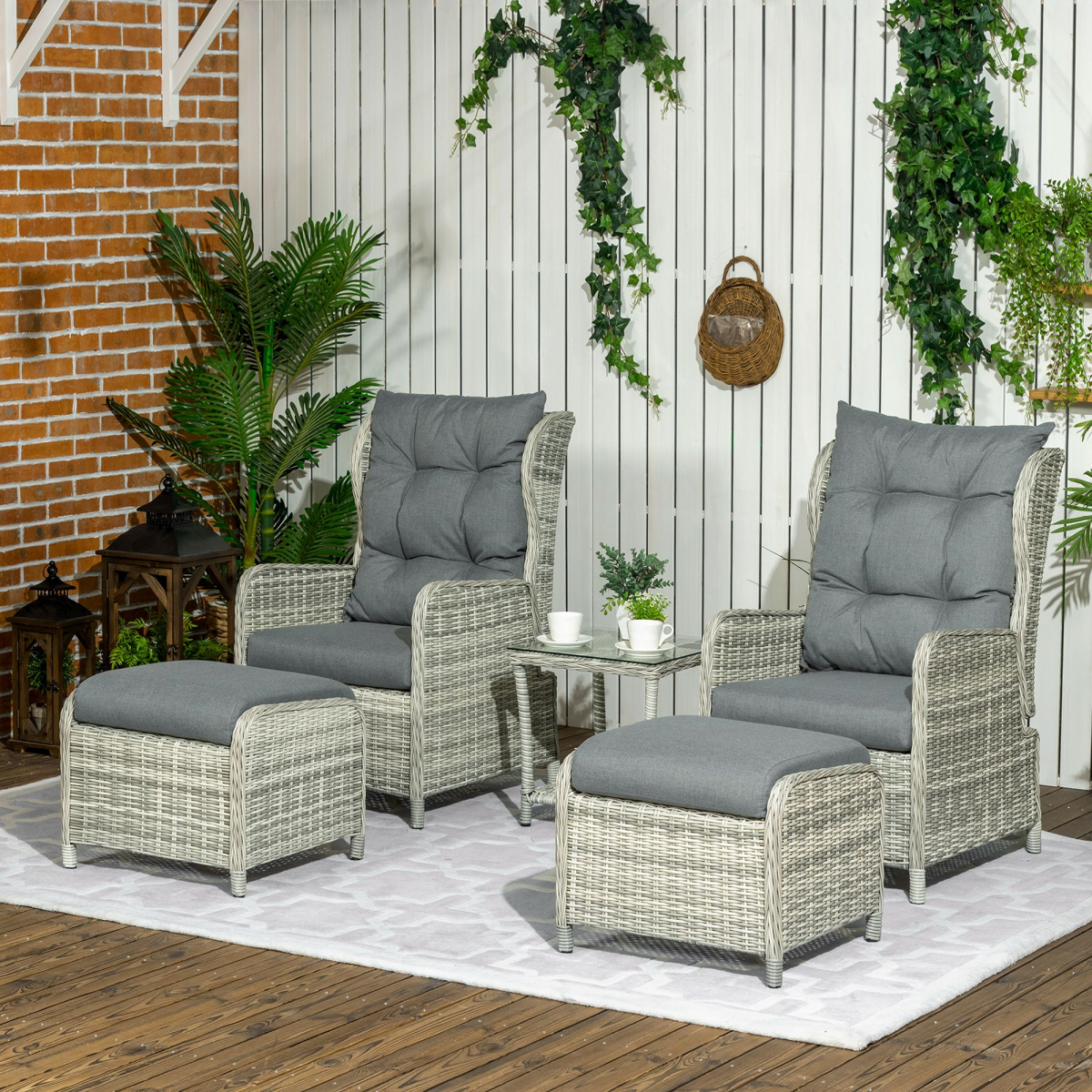 Recliner Rattan Sun Lounger Set with 2-Tier Table & Cushions, Grey