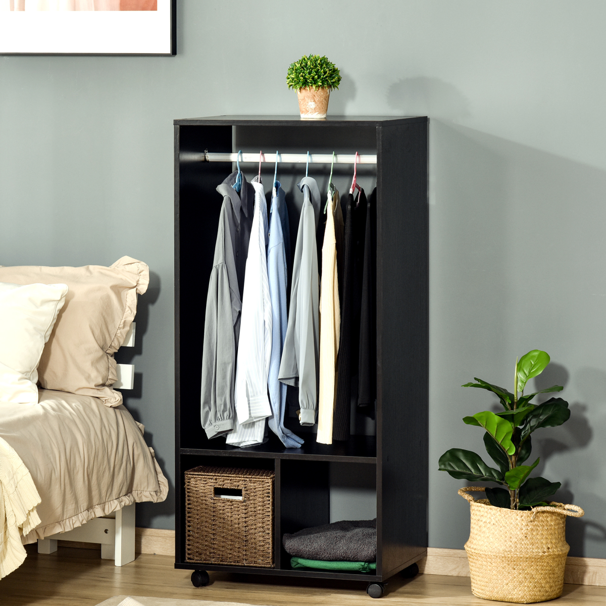 Stylish Open Wardrobe Clothes Rail with Rolling Shelves - Black Storage Solution