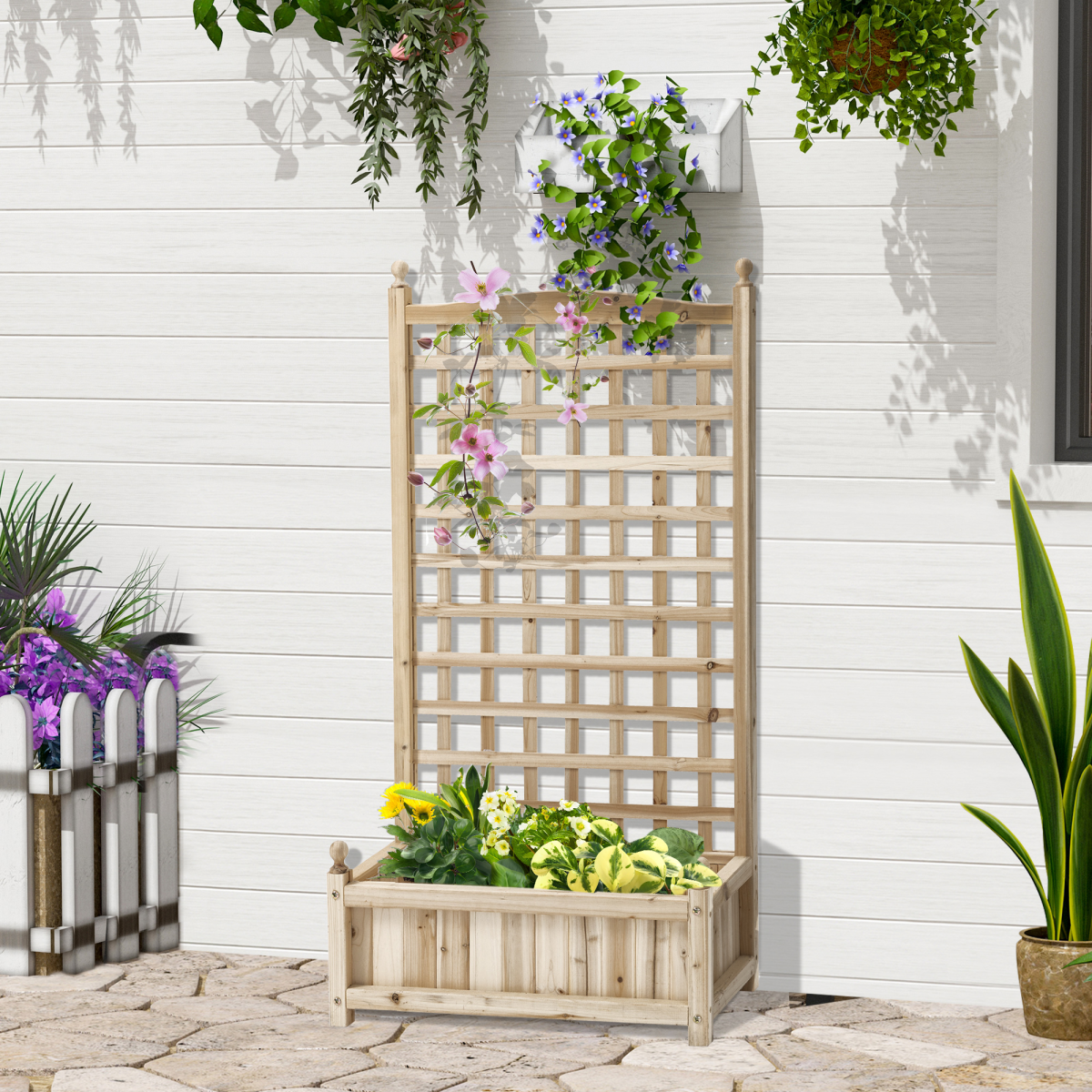 Raised Garden Bed with Trellis - Indoor/Outdoor Natural Fir Wood