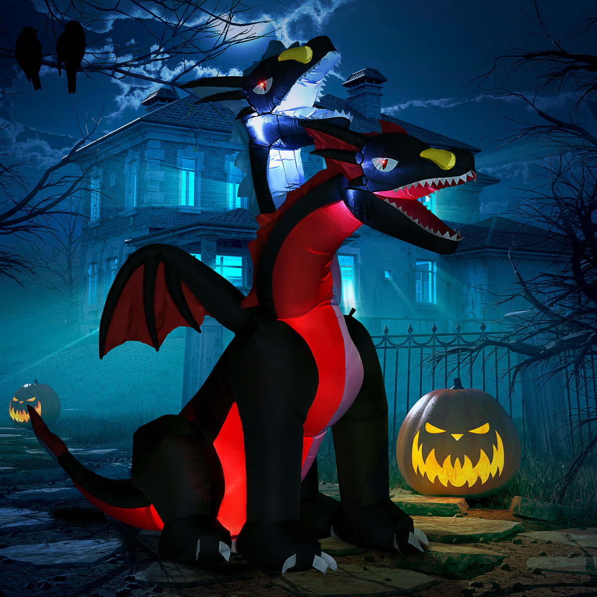 7ft Two-Head Halloween Dragon Inflatable with LED Lights