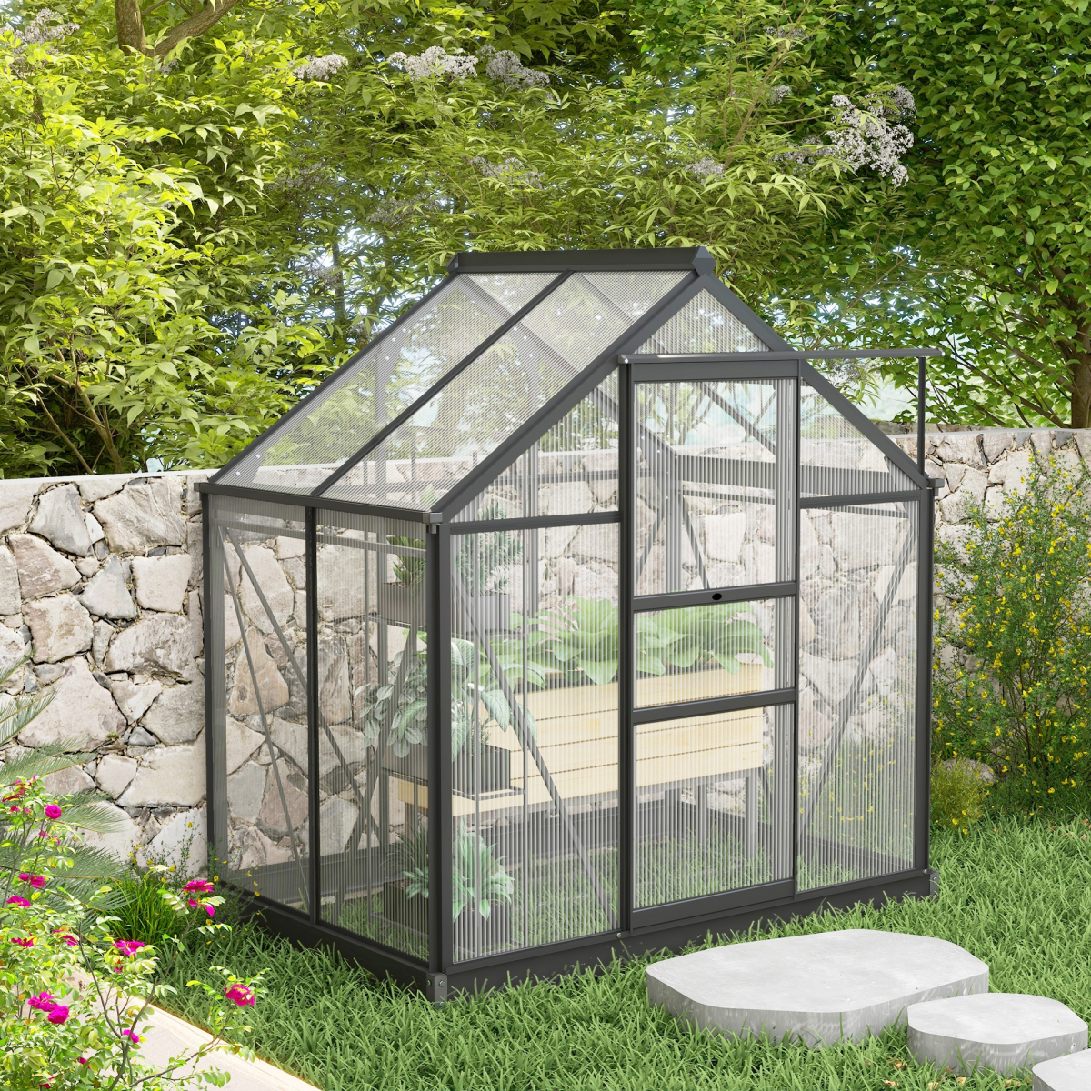 Walk-In Polycarbonate Garden Greenhouse, Aluminium Frame, Sliding Door 6x4ft