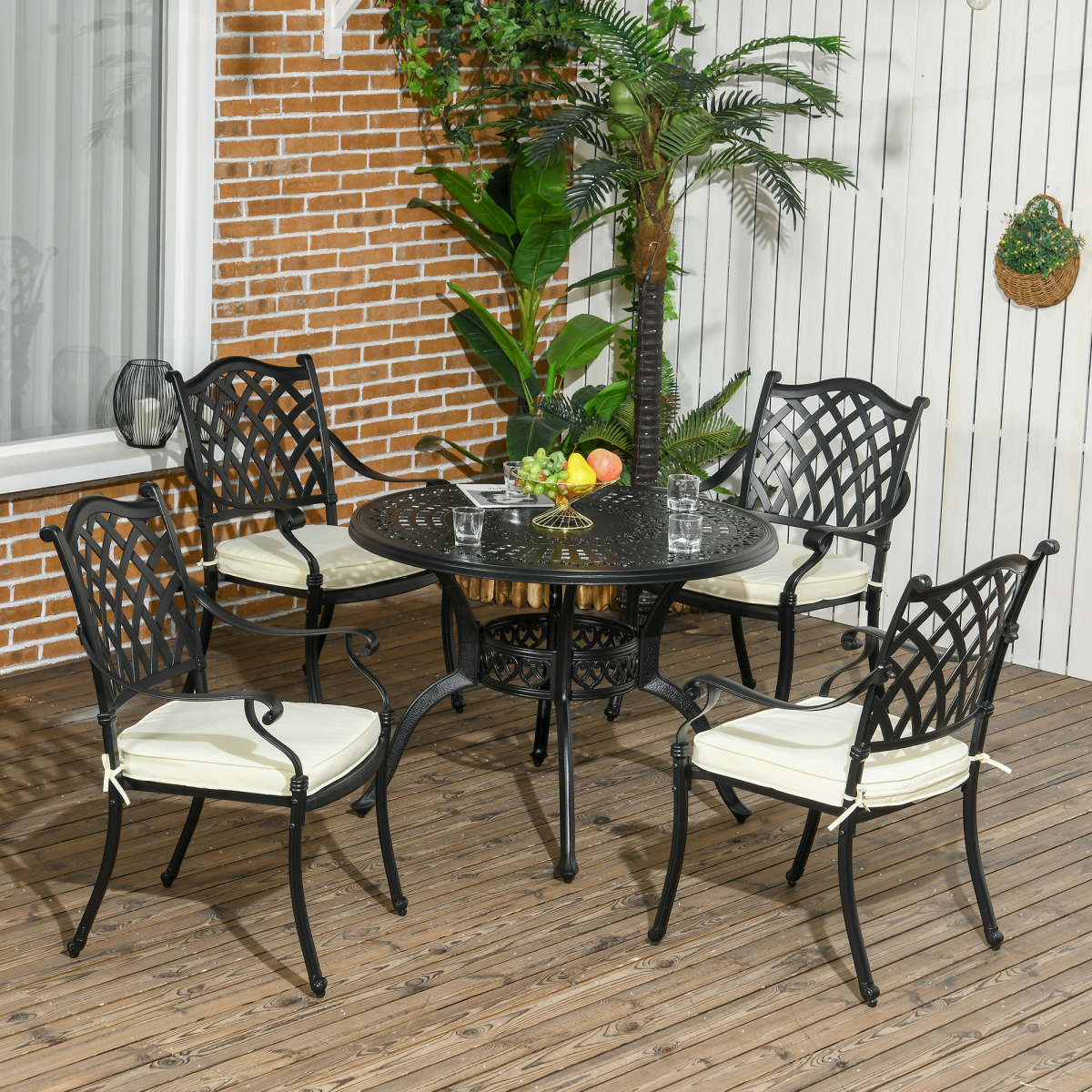 4-Seater Cast Aluminium Dining Set with Cushions and Umbrella Hole