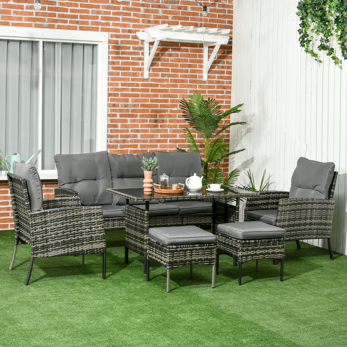 Grey Rattan 6-Piece Outdoor Sofa Set with Cushions & Glass Table