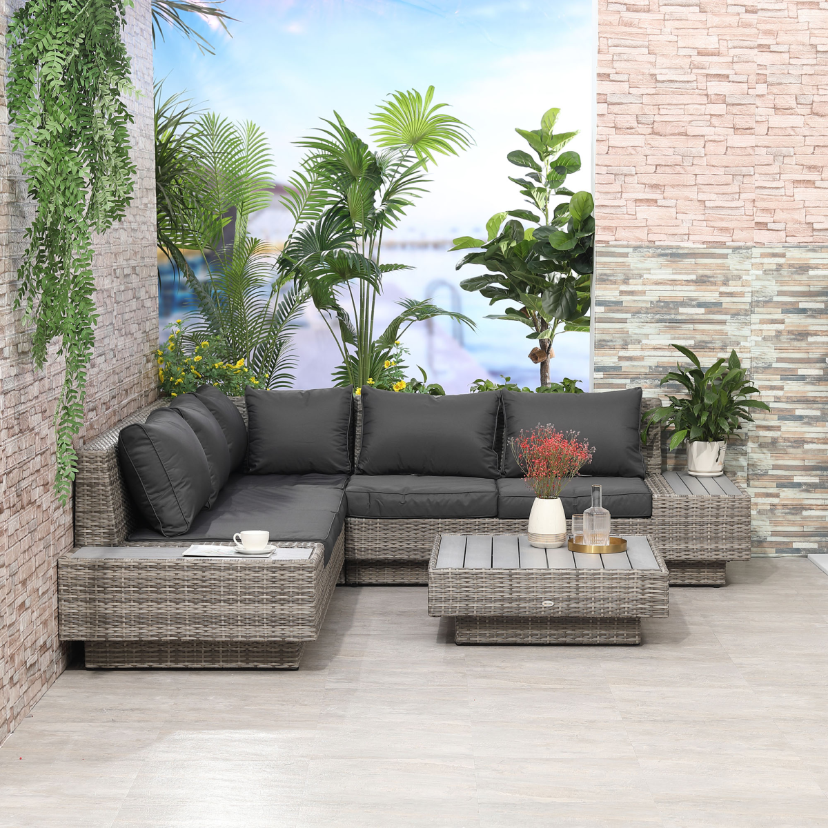 5-Piece Outdoor PE Rattan Corner Sofa Set with Cushions and Table - Light Grey