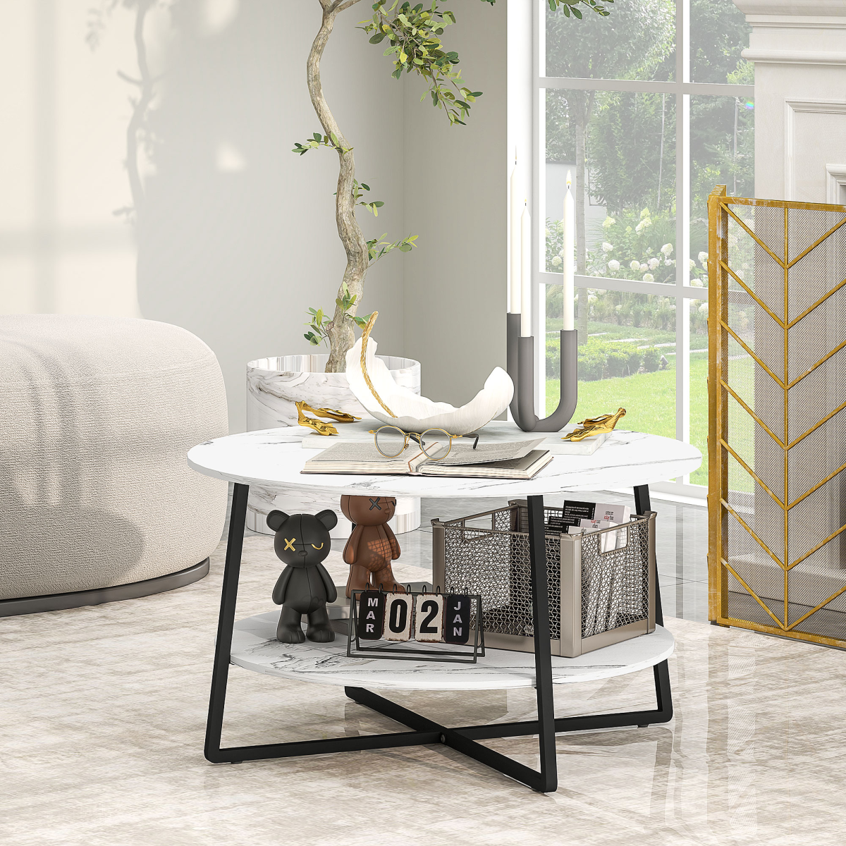 Elegant Round Coffee Table with Storage & Chic Marble Effect Top
