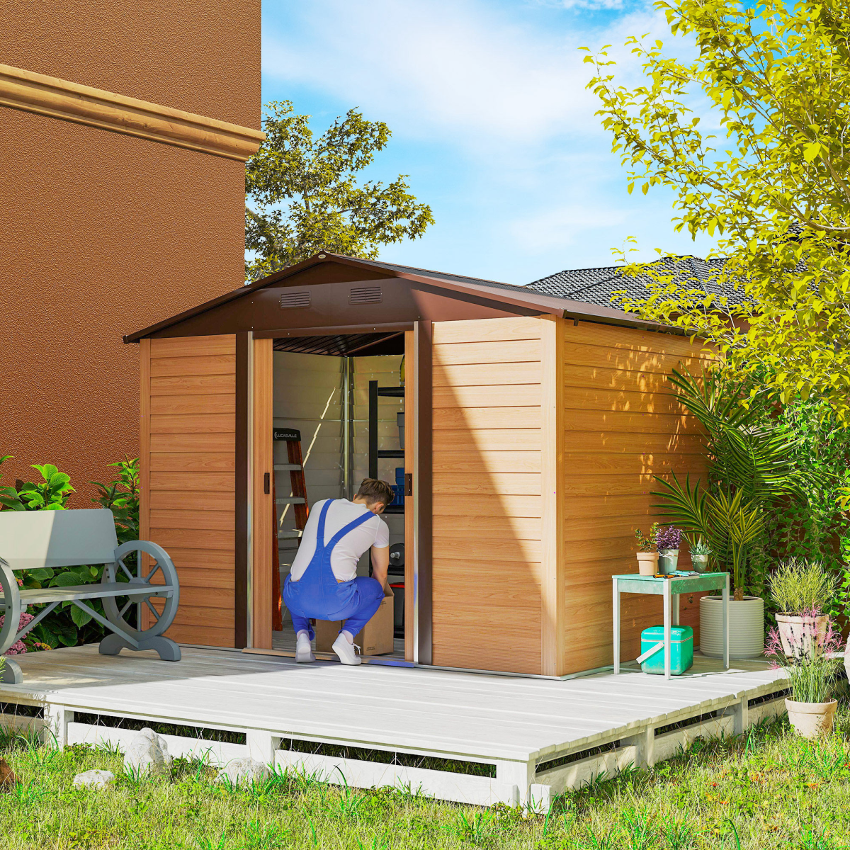 9.1x6.4ft Wood Effect Garden Shed with Sliding Door - Durable Storage
