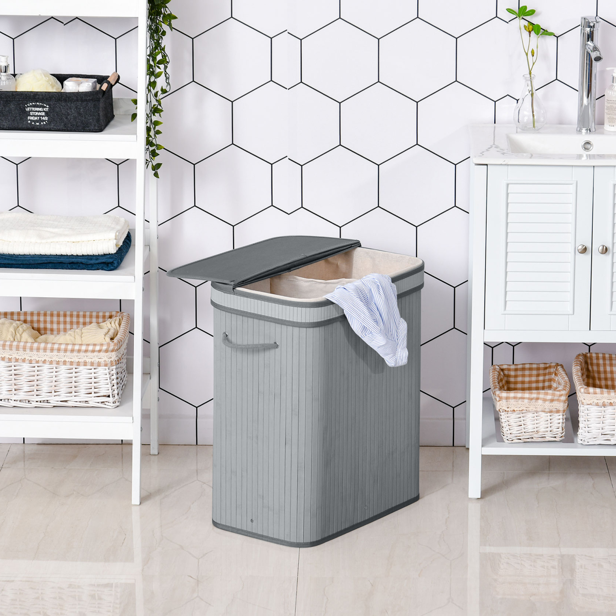 100L Flip-Lid Bamboo Laundry Basket - Grey, Durable & Space-Saving