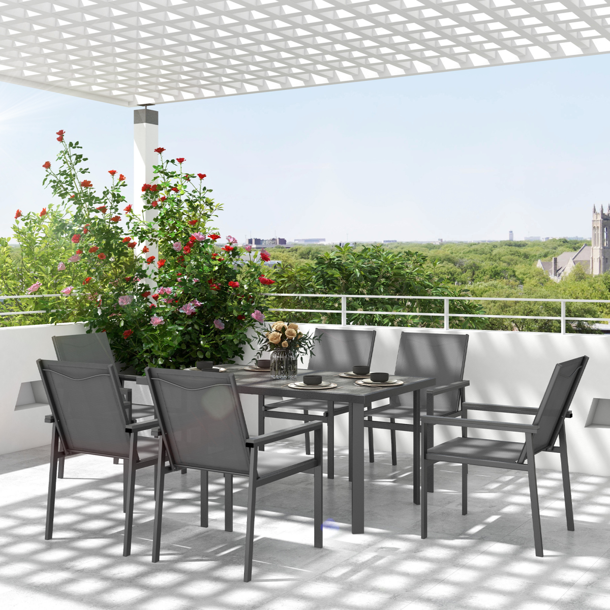 7-Piece Garden Dining Set with Glass Table, 6 Chairs, Grey