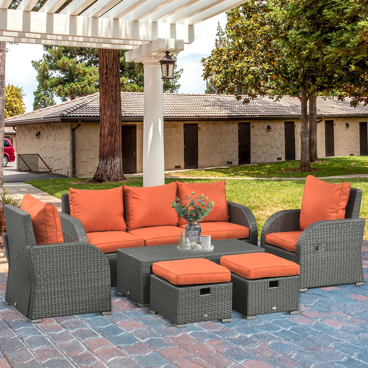 6-Piece Padded Outdoor Rattan Set: 3-Seat Sofa, Recliners & Table
