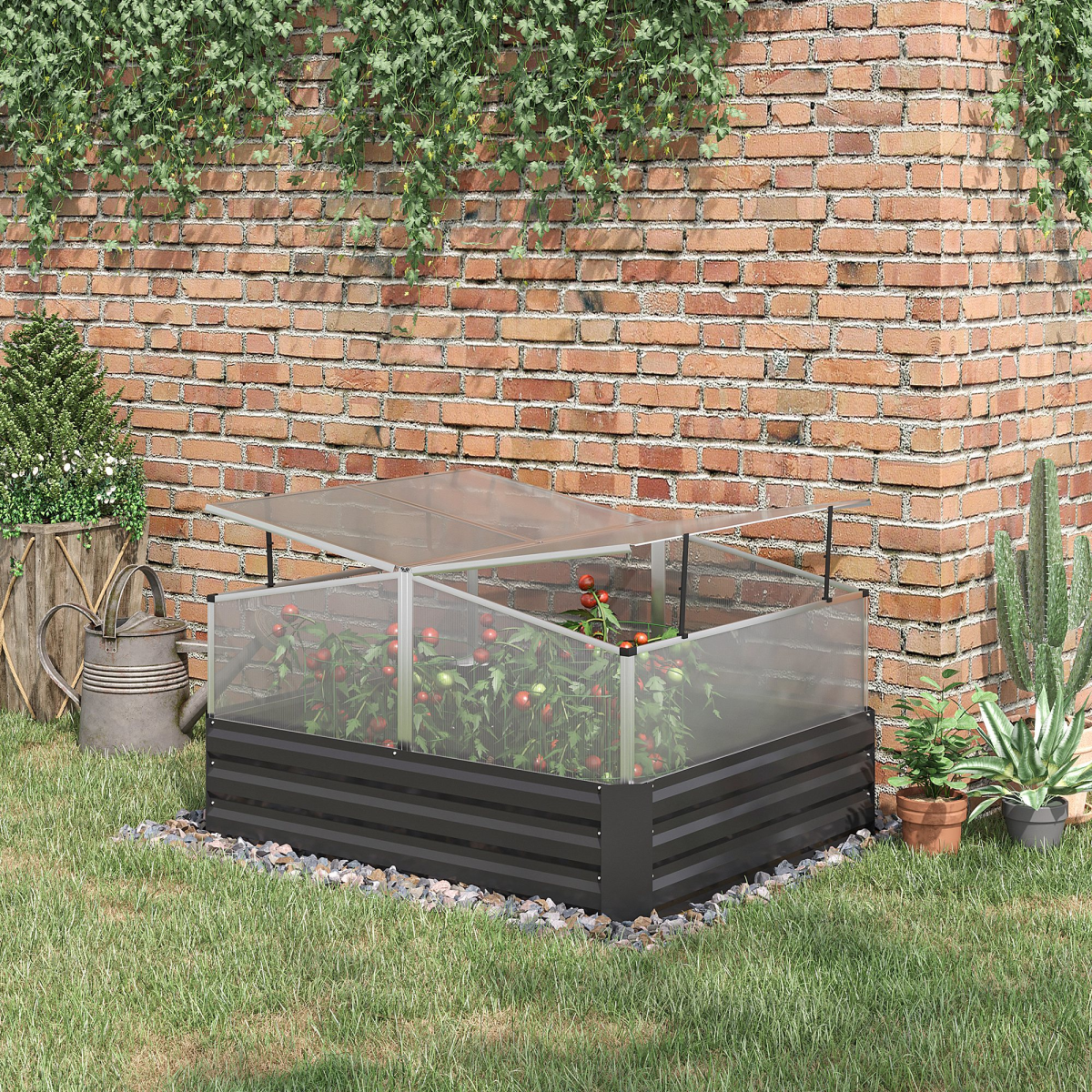 Galvanised Raised Garden Bed with Greenhouse & Cover - Dark Grey