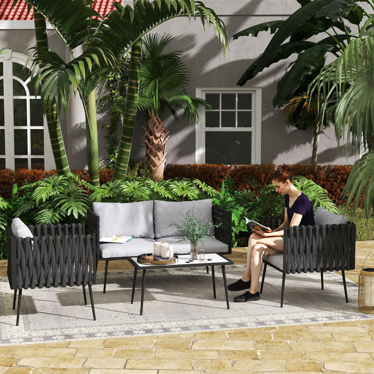 Chic 4-Piece Garden Furniture Set with Cushions & Elegant Faux Marble