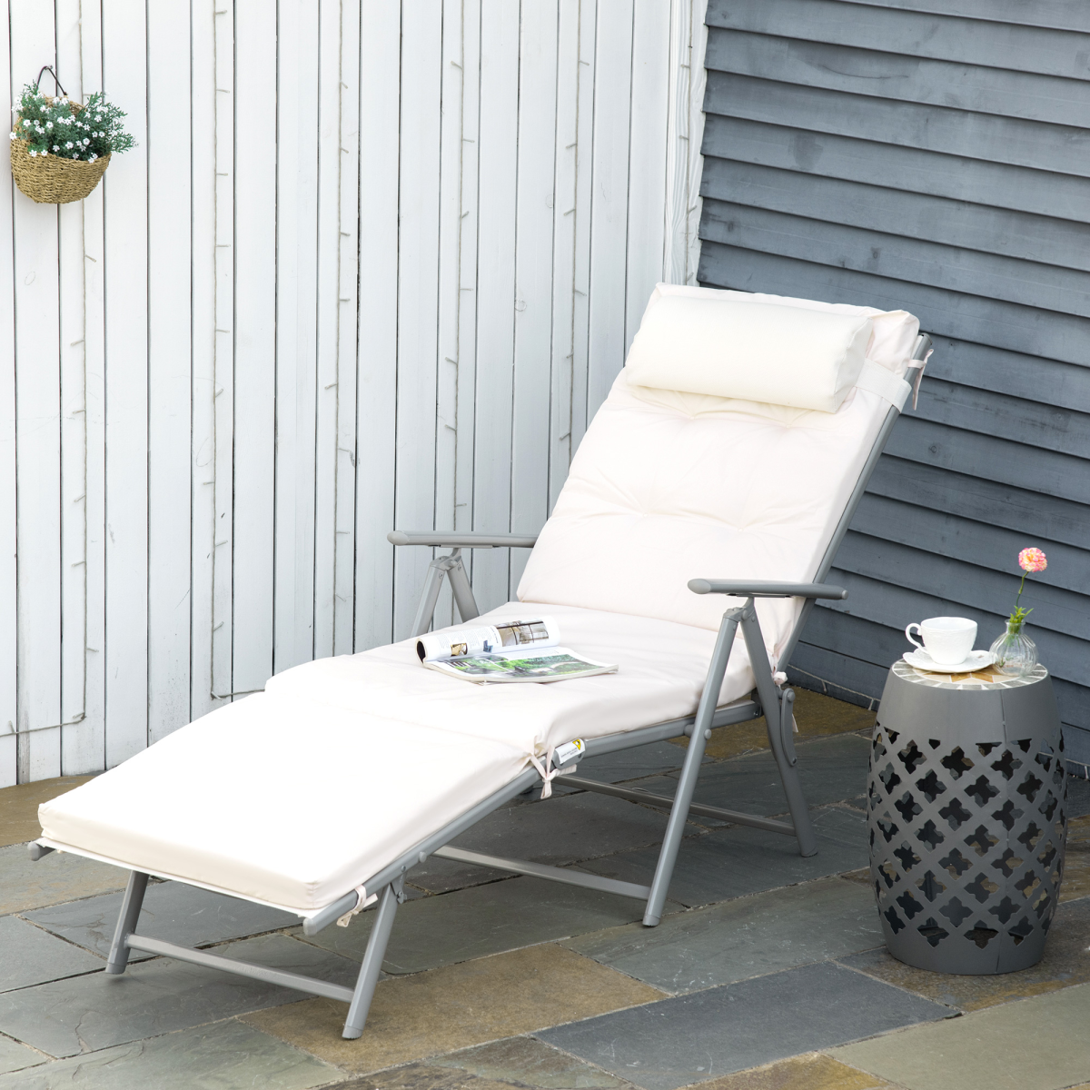 Foldable Sun Lounger Recliner with Padded Seat, 7-Position Back, Texteline White