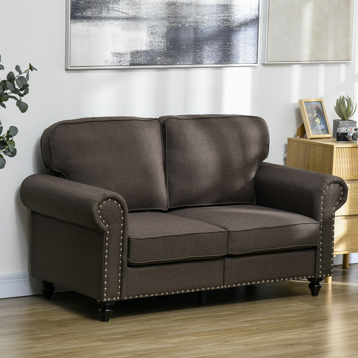 2-Seater Sofa with Nailhead Trim – Dark Brown, Mid-Century Style