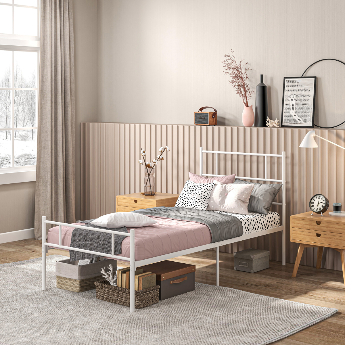 Metal Single Bed Frame with Headboard, Underbed Storage & Noise-Free Design