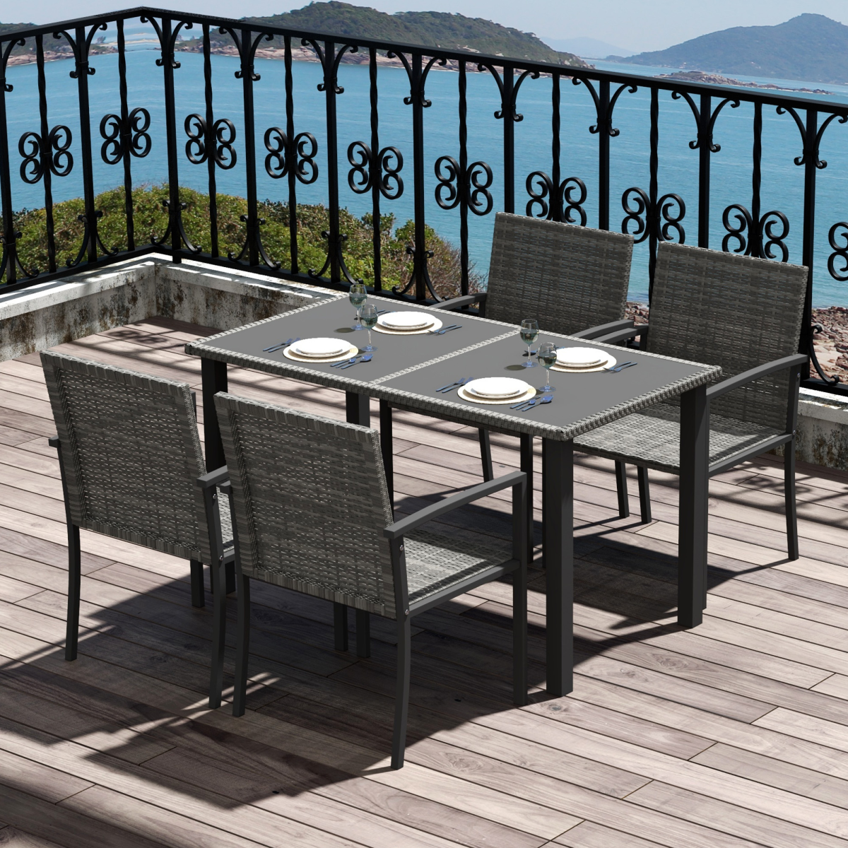 4-Seat Rattan Garden Set with Glass Table - Grey