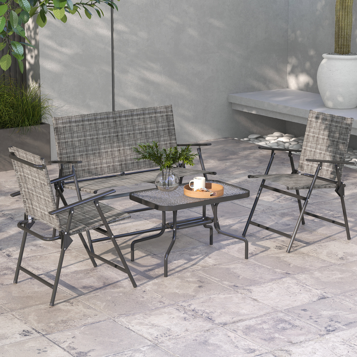 4-Piece Patio Set: Table, 2 Foldable Chairs & Loveseat