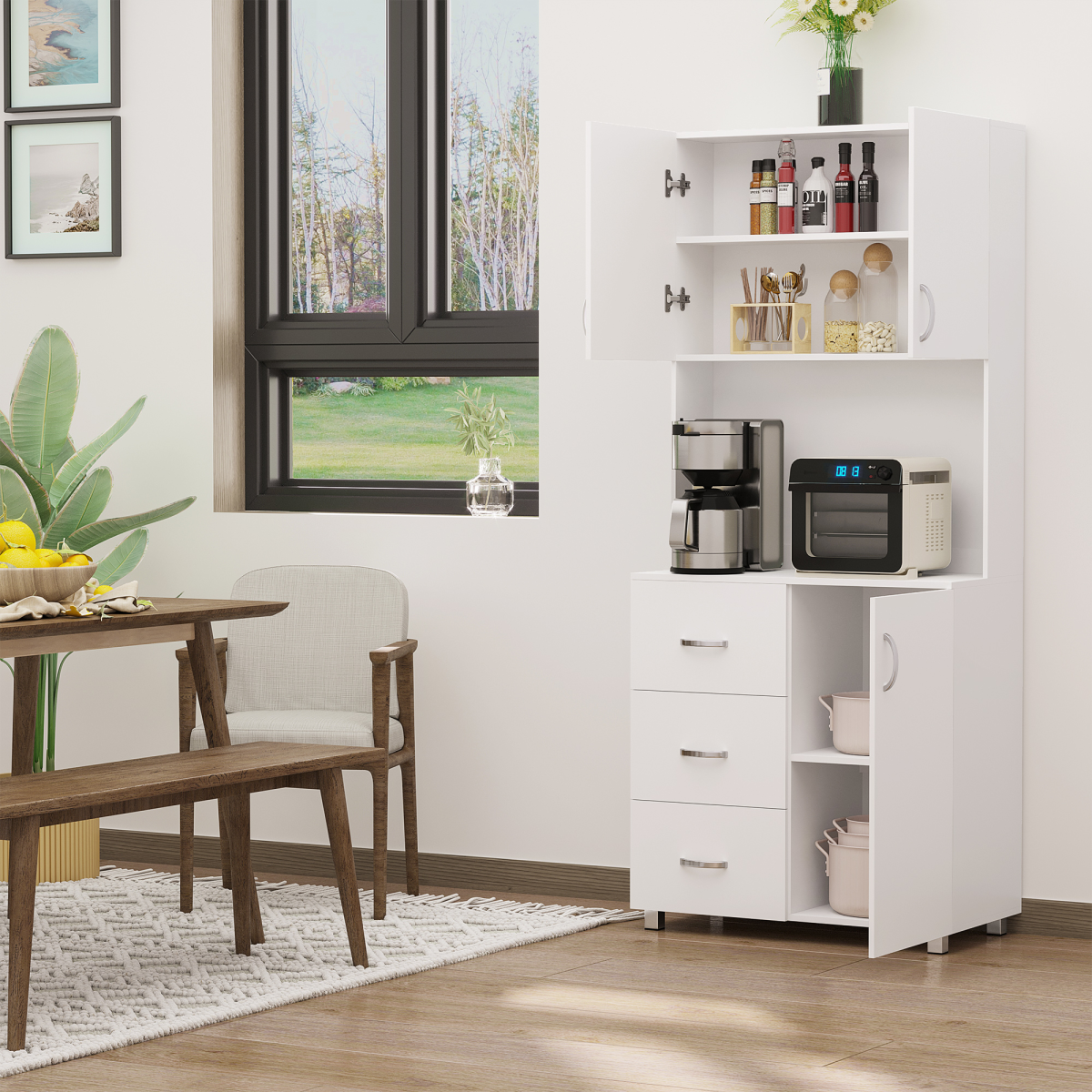 Versatile White Wooden Kitchen Storage Cabinet - Stylish Organizer & Larder