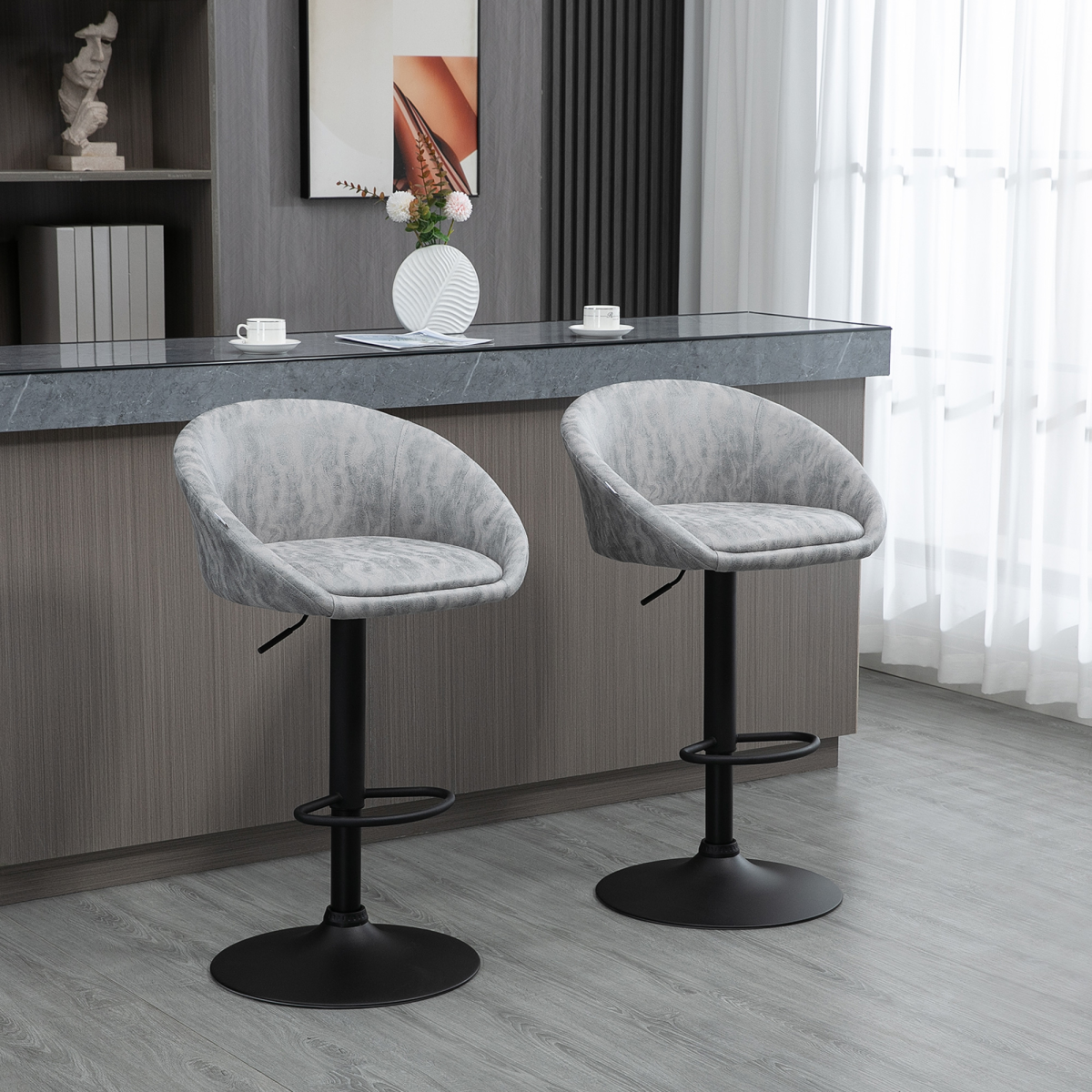Modern Adjustable Swivel Bar Stools - Set of 2 Stylish Light Grey Chairs