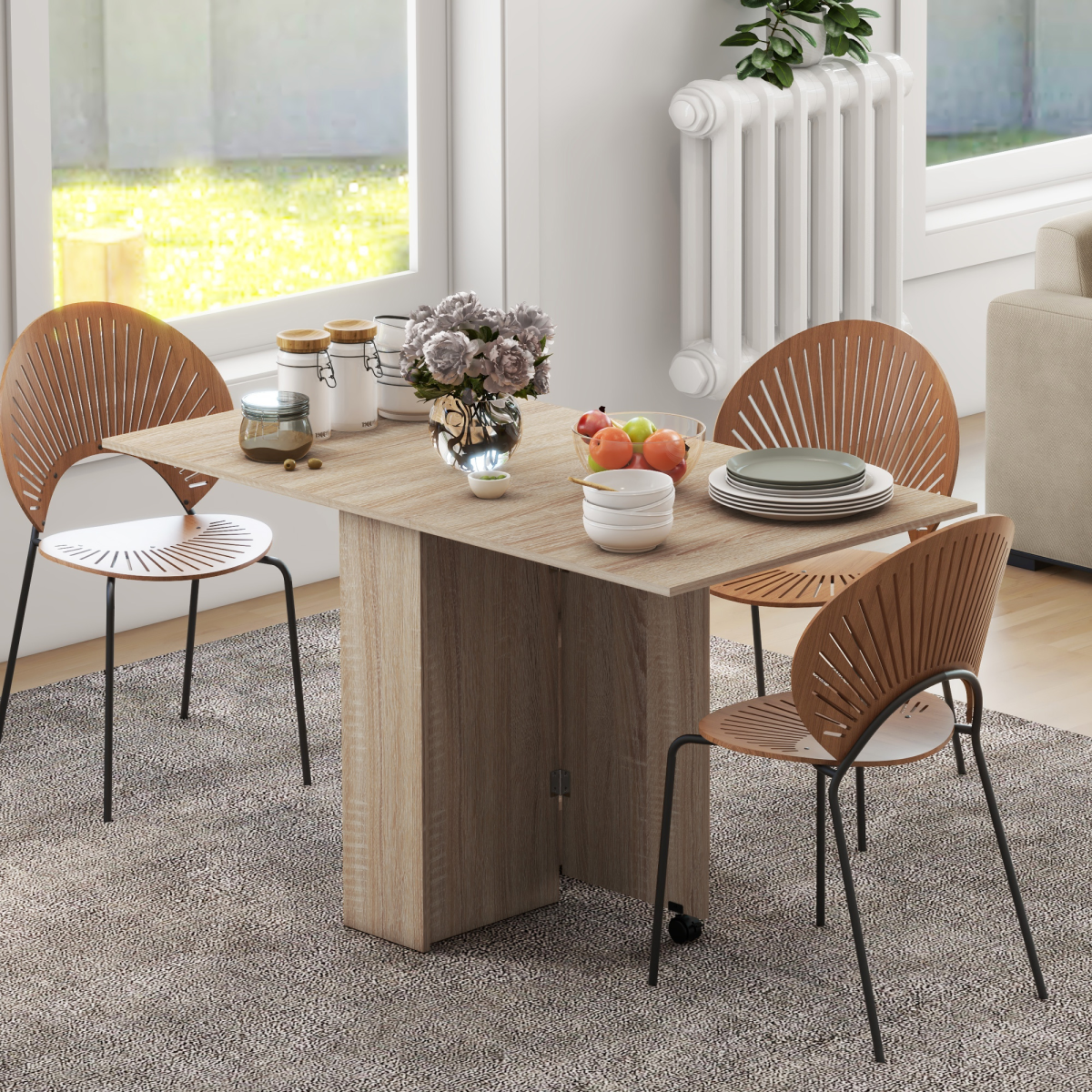 Mobile Drop-Leaf Extendable Dining Table with Shelves and Wheels