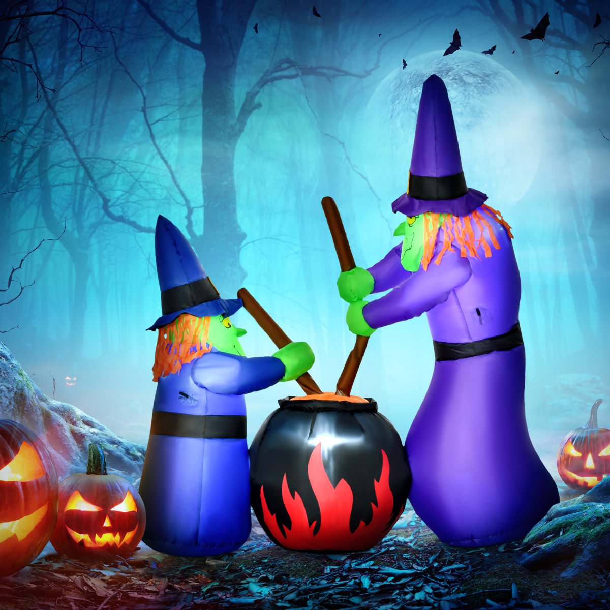 1.8m Inflatable Halloween Witches Around a Glowing Black Cauldron with LEDs
